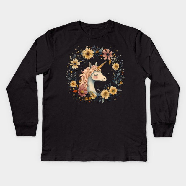 Dreamy Unicorn Art – Enchanted Mythical Creature Illustration Kids Long Sleeve T-Shirt by TuncGK