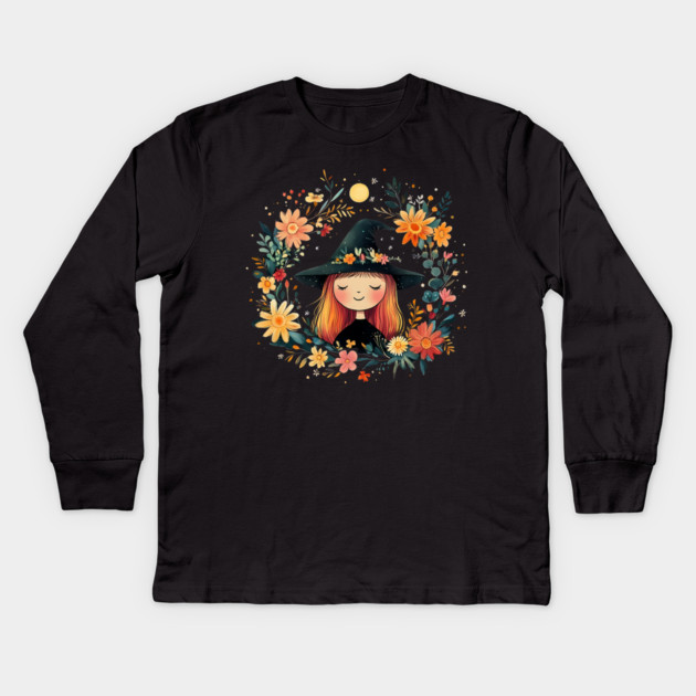 Fiery Red Witch Art – Enchanting Mystical Sorceress Illustration Kids Long Sleeve T-Shirt by TuncGK