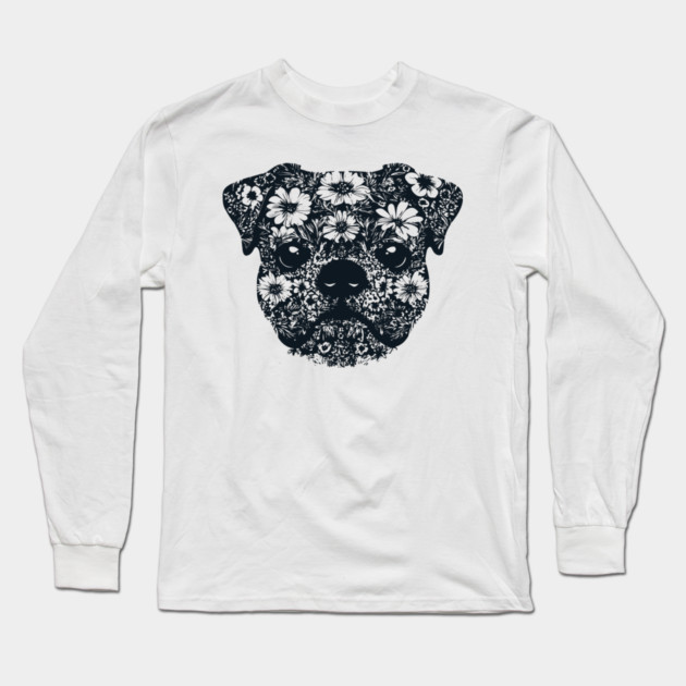 Floral Pug Art – Cute Botanical Dog Design Long Sleeve T-Shirt by TuncGK