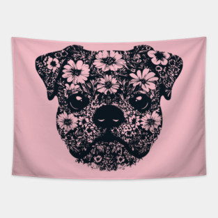 Floral Pug Art – Cute Botanical Dog Design Tapestry