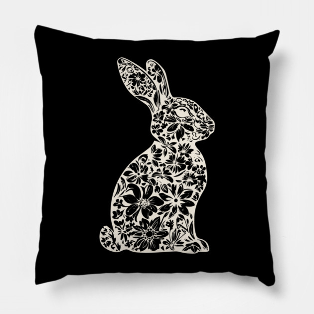 Floral Rabbit Illustration – Elegant Nature-Inspired Bunny Art Pillow by TuncGK