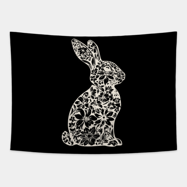 Floral Rabbit Illustration – Elegant Nature-Inspired Bunny Art Tapestry by TuncGK