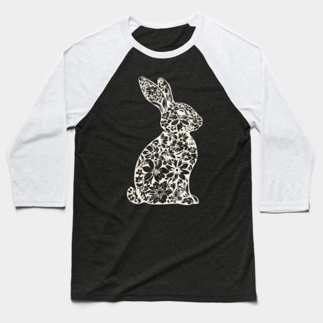 Floral Rabbit Illustration – Elegant Nature-Inspired Bunny Art Baseball T-Shirt by TuncGK