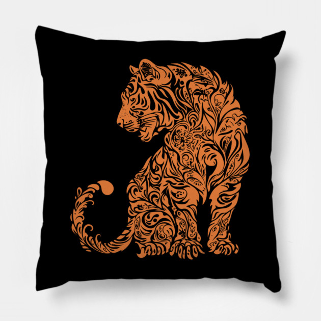 Floral Tiger Illustration – Fierce & Elegant Big Cat Art Pillow by TuncGK