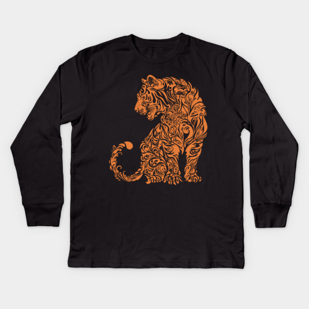 Floral Tiger Illustration – Fierce & Elegant Big Cat Art Kids Long Sleeve T-Shirt by TuncGK