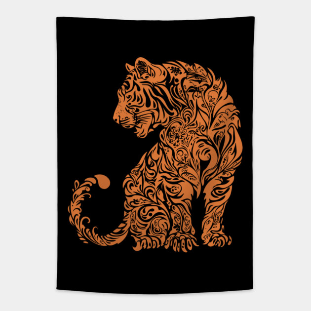 Floral Tiger Illustration – Fierce & Elegant Big Cat Art Tapestry by TuncGK