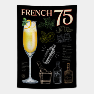 French 75 Cocktail Recipe Vintage Chalkboard Art for Mixology Lovers Tapestry
