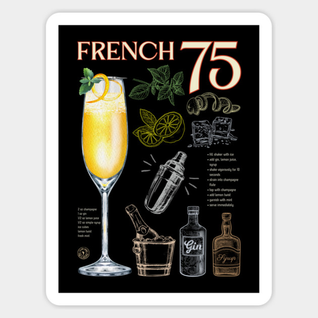 French 75 Cocktail Recipe Vintage Chalkboard Art for Mixology Lovers Magnet by TuncGK