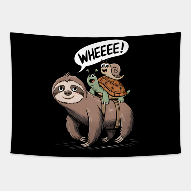 "Slow Ride, Fast Fun: Sloth, Snail, Turtle Tapestry by MakerMind8.2