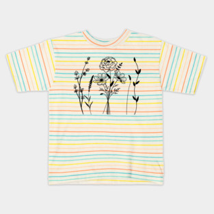 Black Botanical Line Art Boho Floral Art Kids T-Shirt