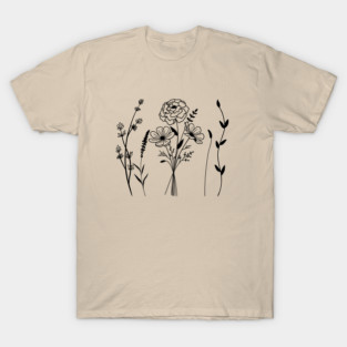 Black Botanical Line Art Boho Floral Art T-Shirt