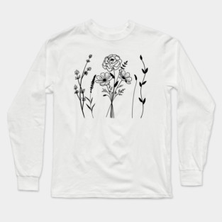 Black Botanical Line Art Boho Floral Art Long Sleeve T-Shirt