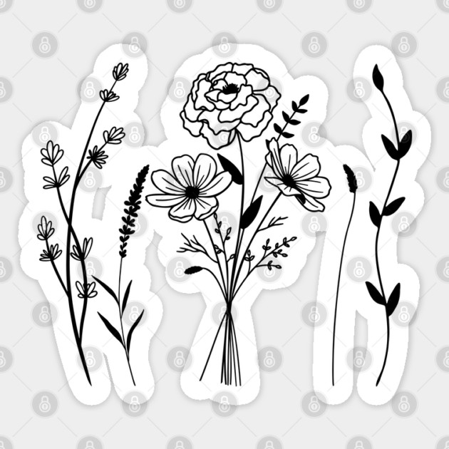 Black Botanical Line Art Boho Floral Art Sticker by CrystalJ 