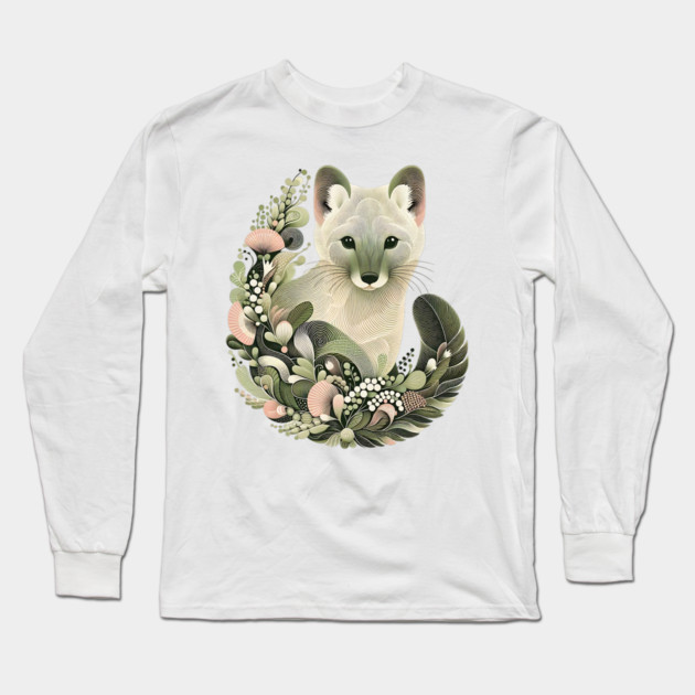 American Marten Botanical Nature Art Illustration Long Sleeve T-Shirt by BirdsnStuff