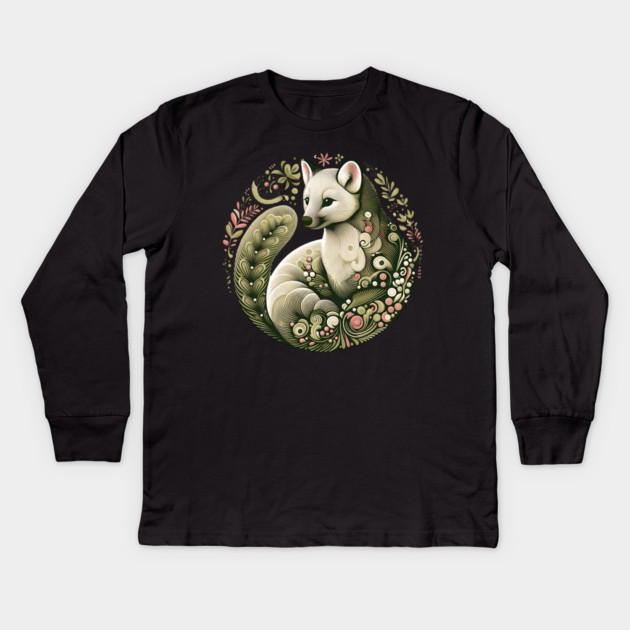 American Marten Botanical Nature Art Illustration2 Kids Long Sleeve T-Shirt by BirdsnStuff