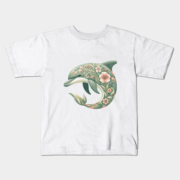 Bottlenose Dolphin Botanical Nature Art Illustration Kids T-Shirt by BirdsnStuff