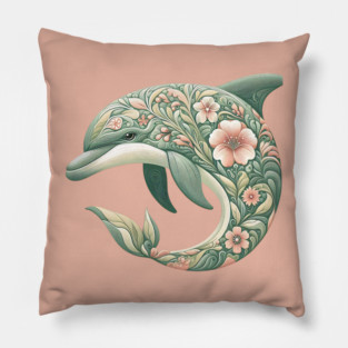 Bottlenose Dolphin Botanical Nature Art Illustration Pillow