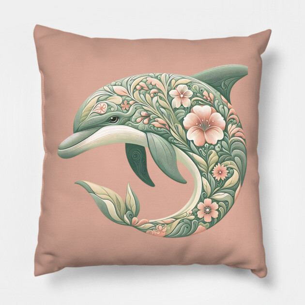 Bottlenose Dolphin Botanical Nature Art Illustration Pillow by BirdsnStuff