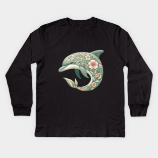 Bottlenose Dolphin Botanical Nature Art Illustration Kids Long Sleeve T-Shirt