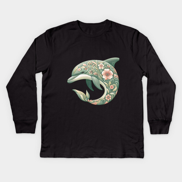Bottlenose Dolphin Botanical Nature Art Illustration Kids Long Sleeve T-Shirt by BirdsnStuff
