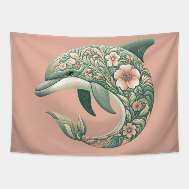 Bottlenose Dolphin Botanical Nature Art Illustration Tapestry by BirdsnStuff