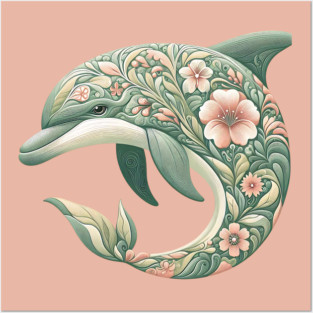 Bottlenose Dolphin Botanical Nature Art Illustration Posters and Art