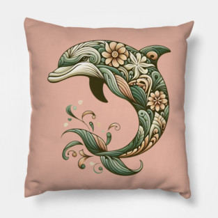 Bottlenose Dolphin Botanical Nature Art Illustration2 Pillow