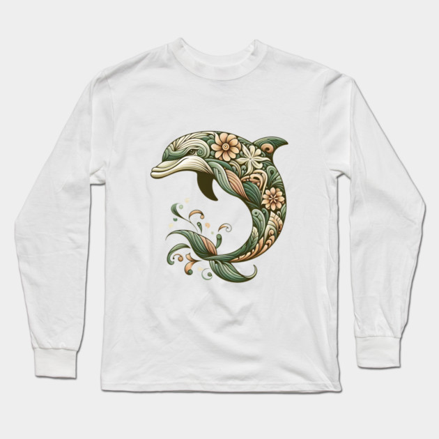 Bottlenose Dolphin Botanical Nature Art Illustration2 Long Sleeve T-Shirt by BirdsnStuff
