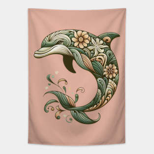 Bottlenose Dolphin Botanical Nature Art Illustration2 Tapestry