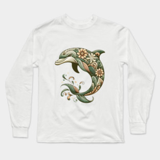 Bottlenose Dolphin Botanical Nature Art Illustration2 Long Sleeve T-Shirt