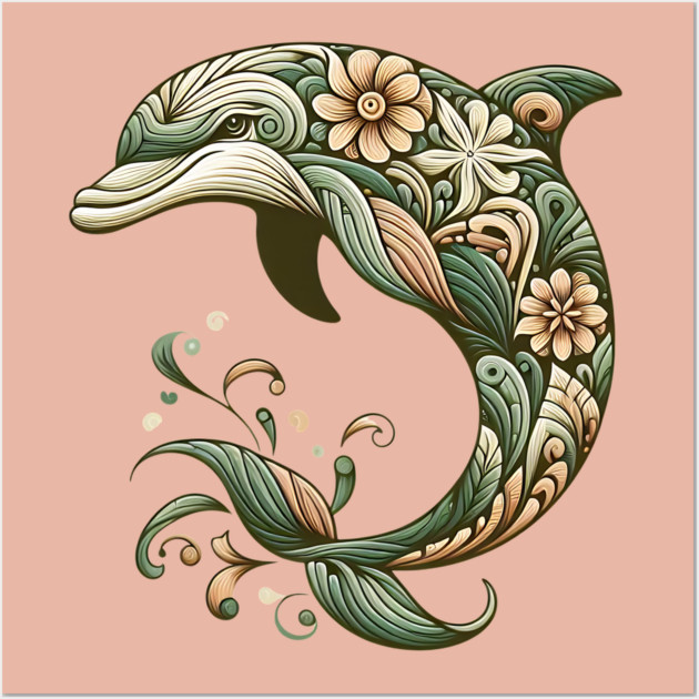 Bottlenose Dolphin Botanical Nature Art Illustration2 Wall Art by BirdsnStuff