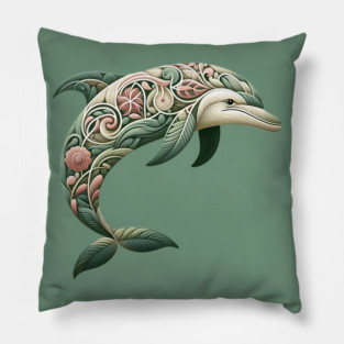Bottlenose Dolphin Botanical Nature Art Illustration3 Pillow