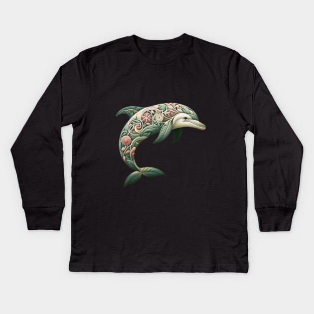 Bottlenose Dolphin Botanical Nature Art Illustration3 Kids Long Sleeve T-Shirt by BirdsnStuff