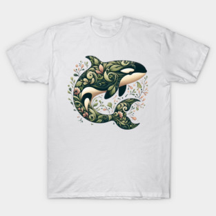 Killer Whale Botanical Nature Art Illustration T-Shirt