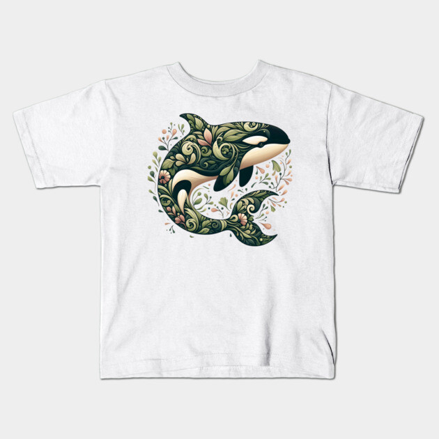 Killer Whale Botanical Nature Art Illustration Kids T-Shirt by BirdsnStuff