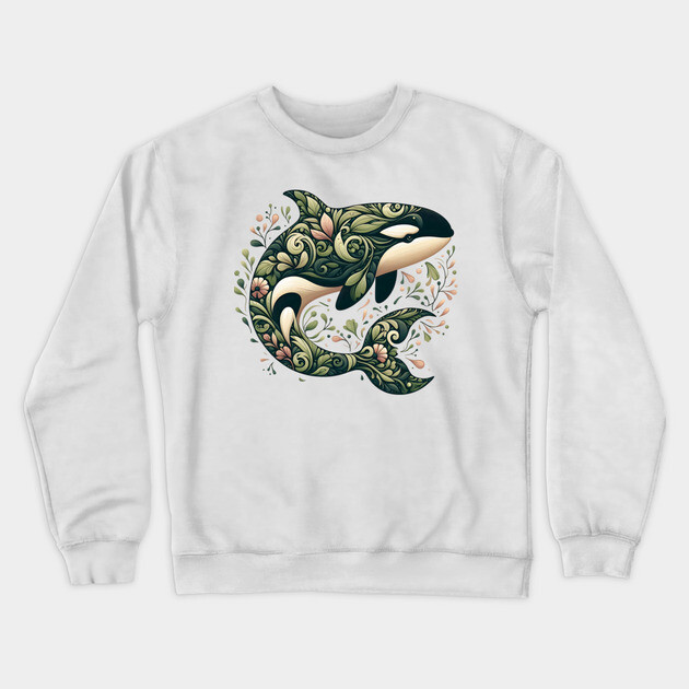 Killer Whale Botanical Nature Art Illustration Crewneck Sweatshirt by BirdsnStuff