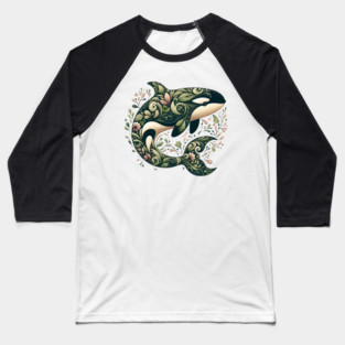 Killer Whale Botanical Nature Art Illustration Baseball T-Shirt