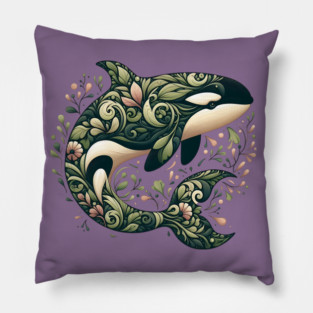 Killer Whale Botanical Nature Art Illustration Pillow