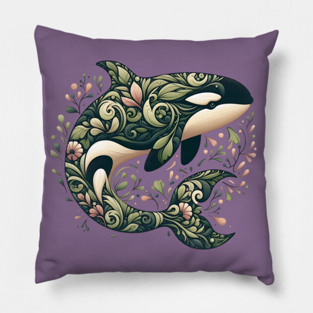 Killer Whale Botanical Nature Art Illustration Pillow by BirdsnStuff