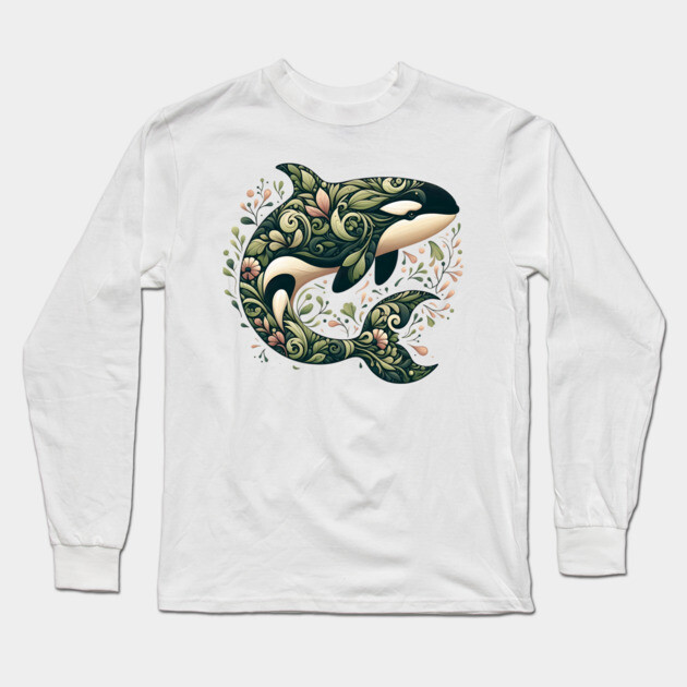 Killer Whale Botanical Nature Art Illustration Long Sleeve T-Shirt by BirdsnStuff