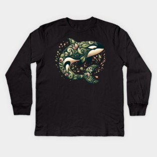 Killer Whale Botanical Nature Art Illustration Kids Long Sleeve T-Shirt