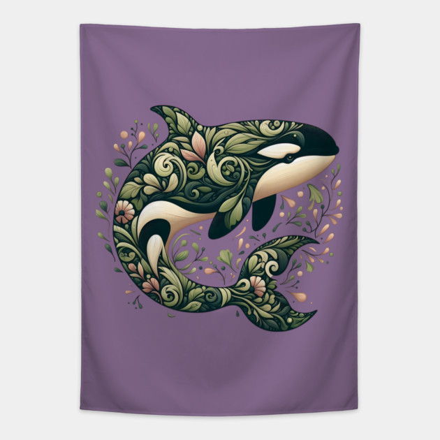Killer Whale Botanical Nature Art Illustration Tapestry by BirdsnStuff