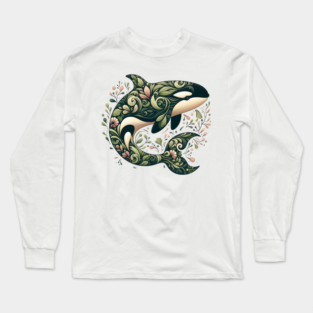 Killer Whale Botanical Nature Art Illustration Long Sleeve T-Shirt