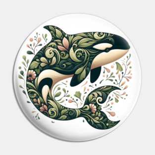 Killer Whale Botanical Nature Art Illustration Pin