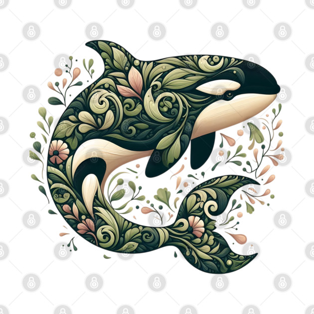 Killer Whale Botanical Nature Art Illustration by BirdsnStuff