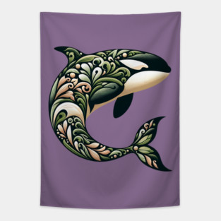 Killer Whale Botanical Nature Art Illustration2 Tapestry