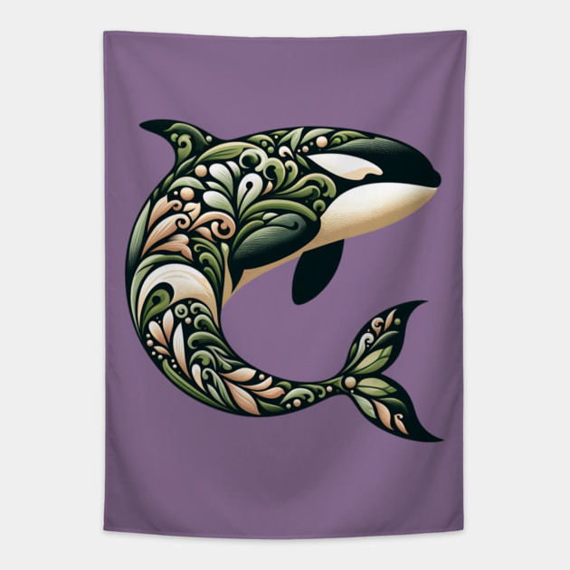 Killer Whale Botanical Nature Art Illustration2 Tapestry by BirdsnStuff