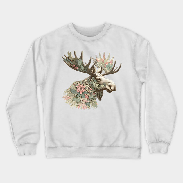 Moose Botanical Nature Art Illustration Crewneck Sweatshirt by BirdsnStuff