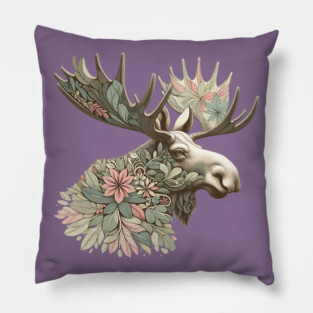 Moose Botanical Nature Art Illustration Pillow