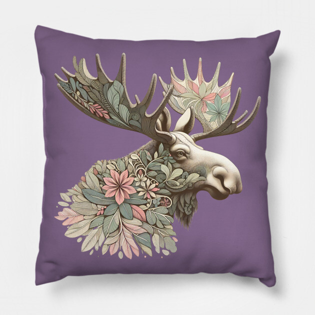 Moose Botanical Nature Art Illustration Pillow by BirdsnStuff